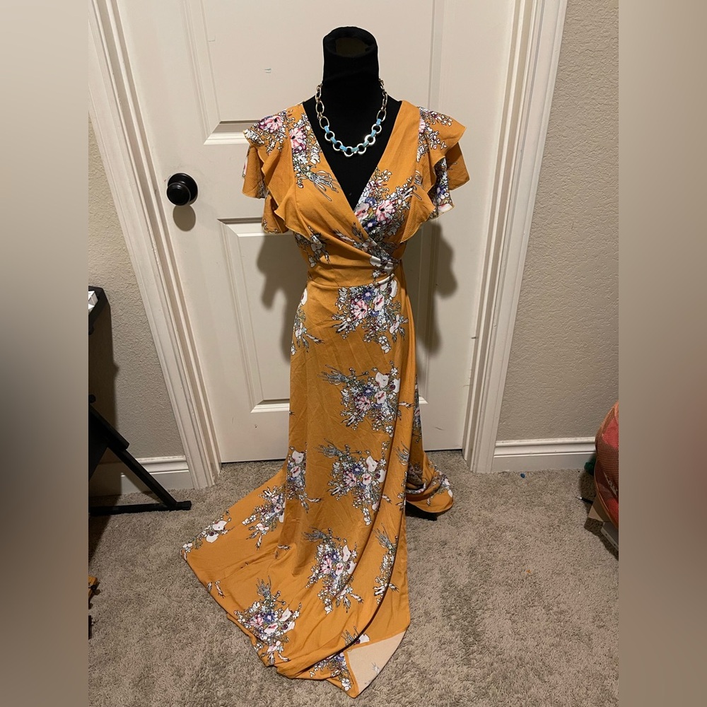 H&M Yellow Gold Maxi Wrap Dress V-Neck Flutter Sleeves